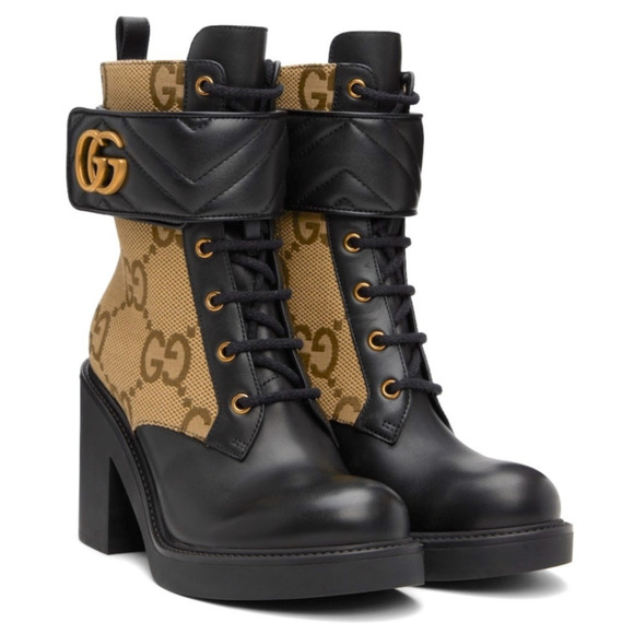Gucci Beige & Black GG Marmont Combat Ankle Boots  Leather Canvas 38.5 - Picture 3 of 10
